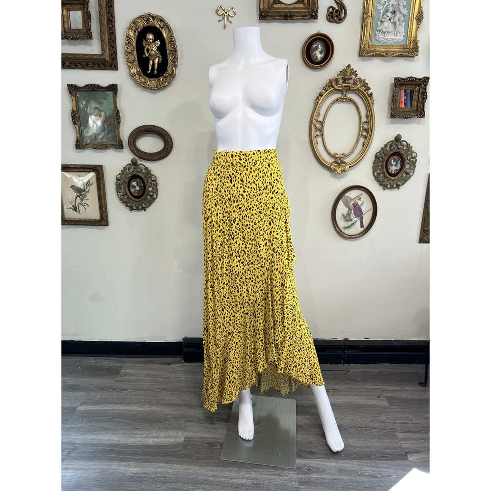 AFRM Yellow Black Cheetah Leopard Print Ruffle High Low Wrap Midi Skirt Medium